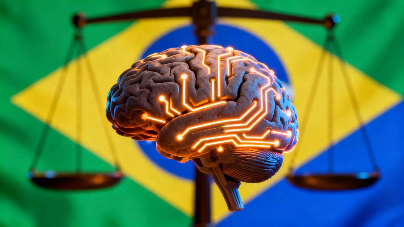 Cérebro com circuitos e balança da justiça.