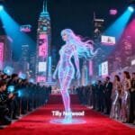 Atriz virtual Tilly Norwood em tapete vermelho futurista