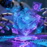 Inteligências artificiais futuristas e circuitos digitais brilhantes.