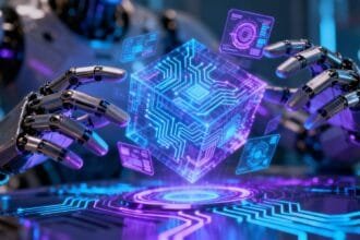 Inteligências artificiais futuristas e circuitos digitais brilhantes.