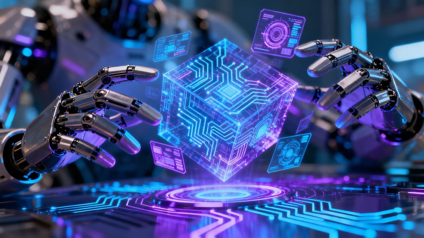 Inteligências artificiais futuristas e circuitos digitais brilhantes.