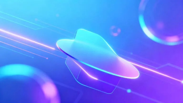 Interface de IA com formas abstratas brilhantes.