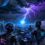 Robôs de IA sob tempestade digital e relâmpagos azuis.