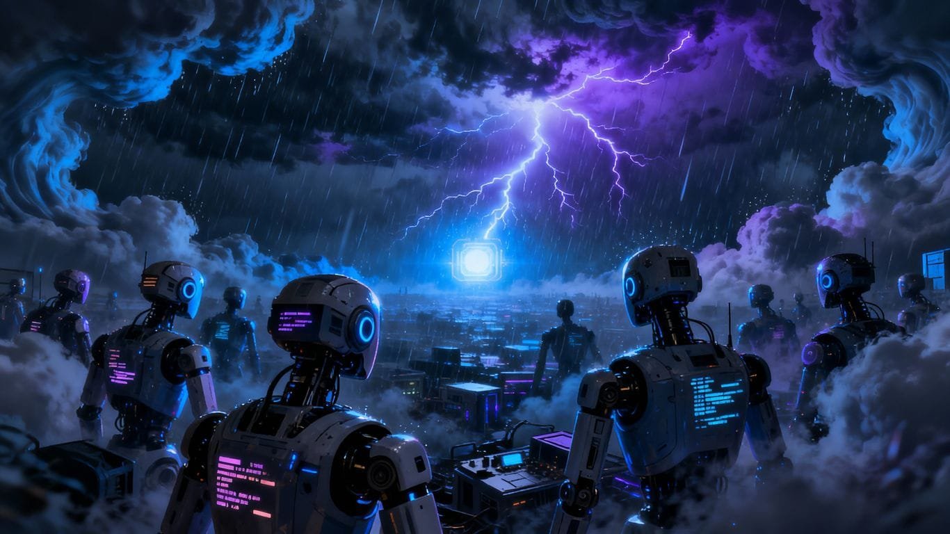 Robôs de IA sob tempestade digital e relâmpagos azuis.