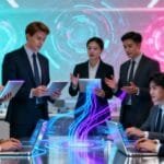 Profissionais colaborando em escritório futurista com interfaces AI