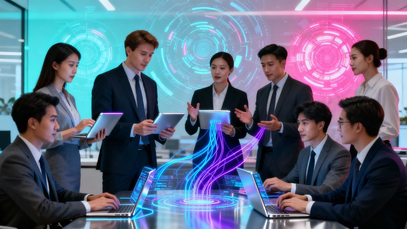 Profissionais colaborando em escritório futurista com interfaces AI