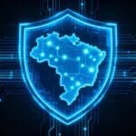 Mapa do Brasil com escudo digital futurista e circuitos