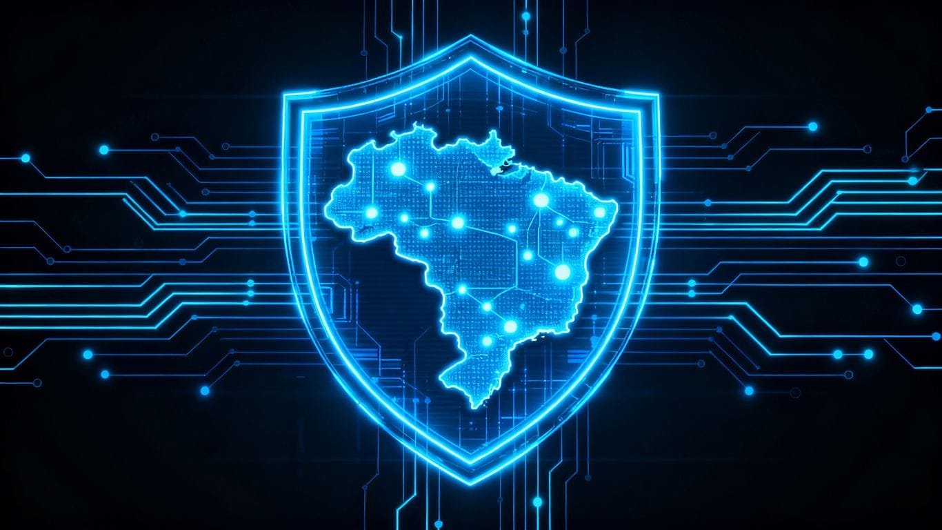 Mapa do Brasil com escudo digital futurista e circuitos