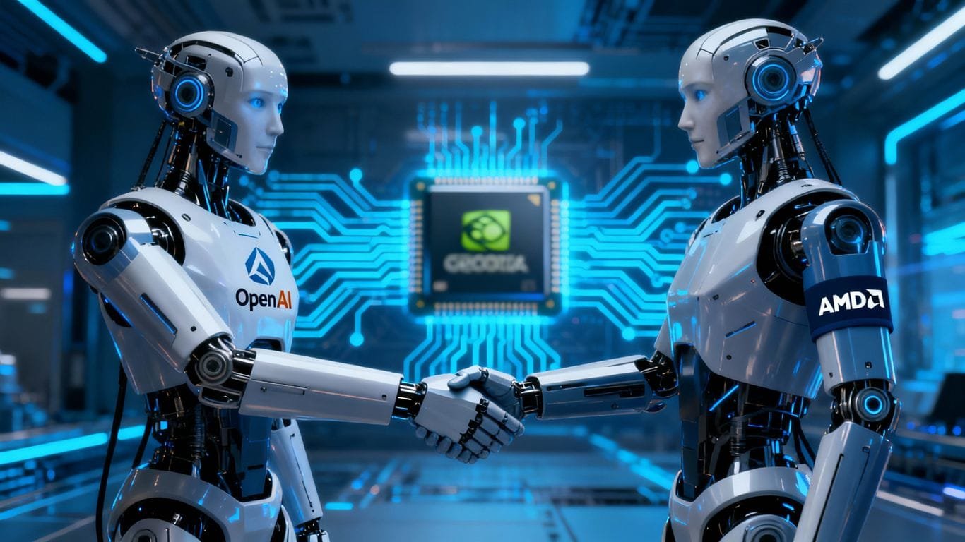 Robôs com logotipos da OpenAI e AMD apertando as mãos
