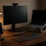Setup para programador: mesa com teclado mecânico, webcam, microfone USB, hub USB-C e suporte para notebook
