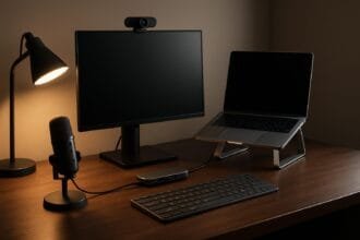 Setup para Programador: 5 equipamentos que fazem diferença de verdade 7 Setup para programador: mesa com teclado mecânico, webcam, microfone USB, hub USB-C e suporte para notebook
